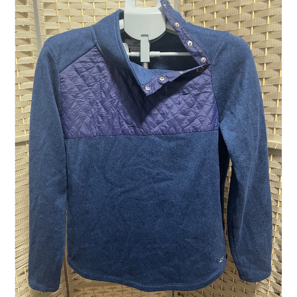 Vineyard Vines Navy Blue Sweater Fleece Quilted Snap Neck Pullover Womens Medium